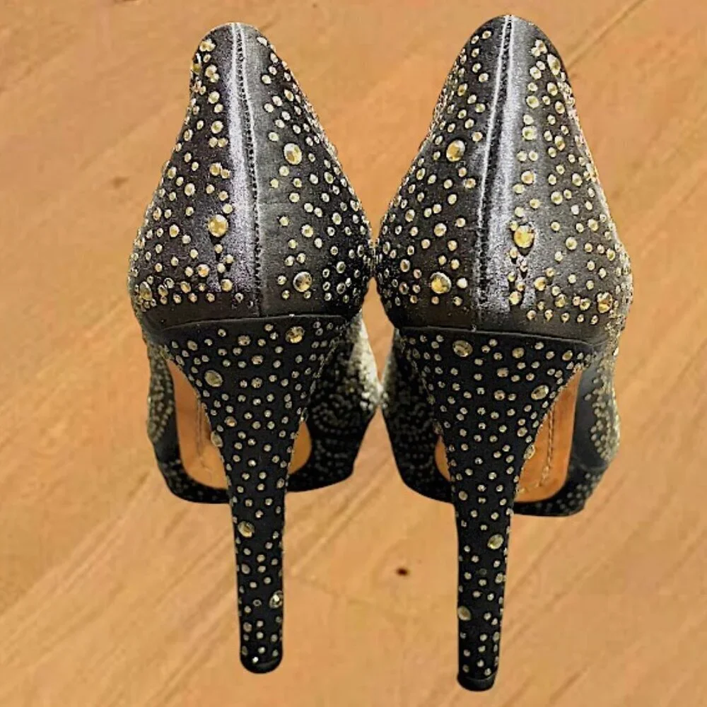 BCBG Black Satin and Pale Gold Studded Platform Heels Shoes Size 10